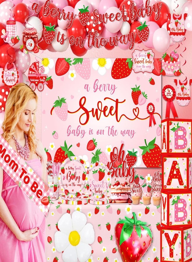 ILUIGGW Strawberry Baby Shower Decorations, Berry Sweet Baby Shower Decorations with A Berry Sweet Baby Is On The Way Backdrop Cake Topper Strawberry Plates Balloon Arch Box for Baby Girl - Image 4
